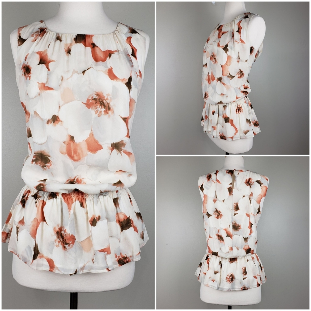 St John Floral Silk Peplum Cream Blouse Sz 8